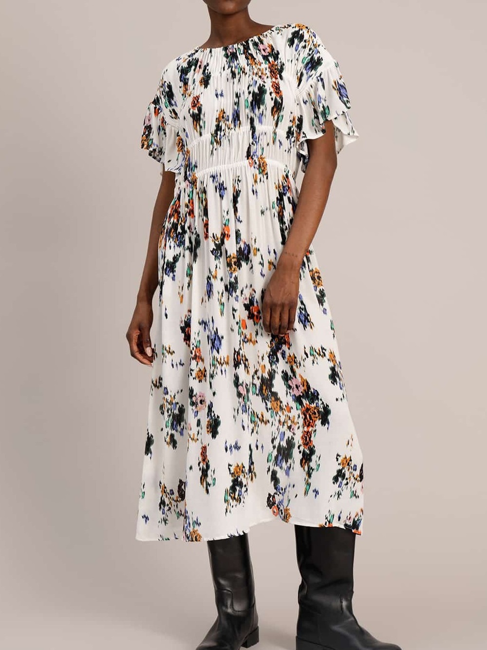 Munthe Jacey Dress Ivory Multicolor Flutter Sleeve Midi Casual Size 40